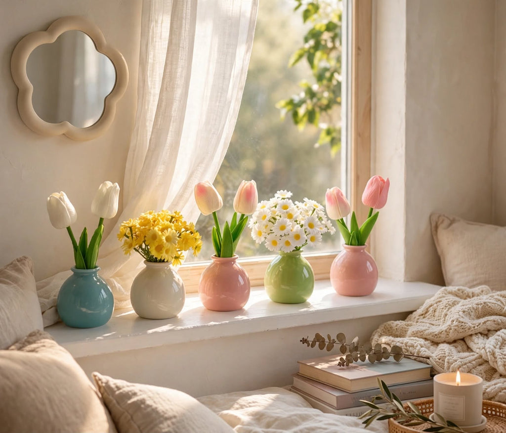 Pastel Mini Ceramic Vases with Faux Flowers – Set of 5