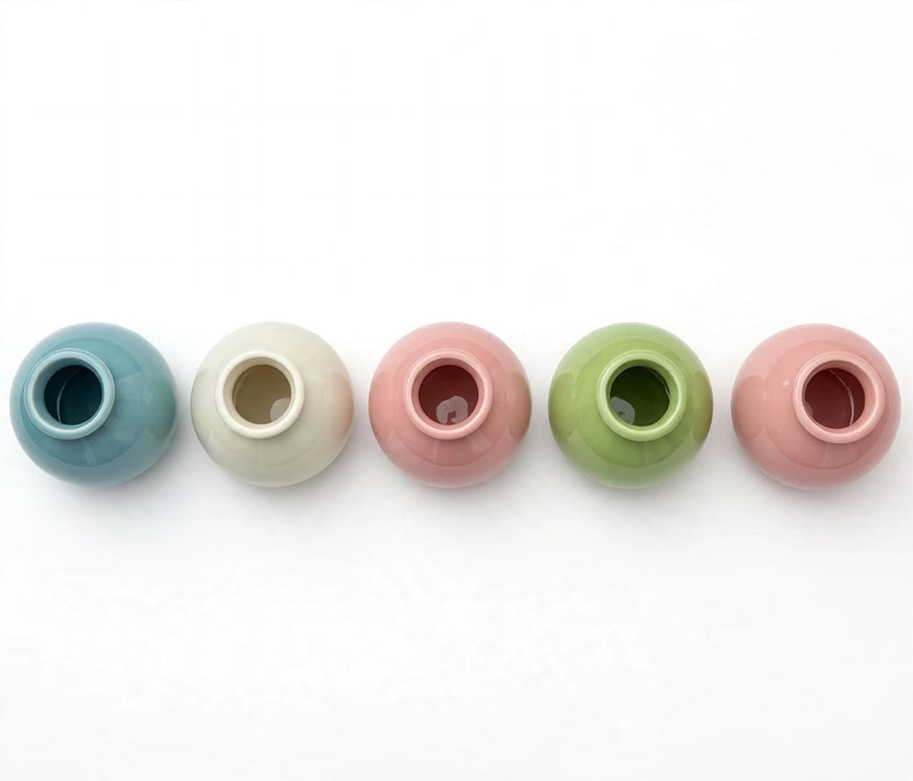 Pastel Mini Ceramic Vases with Faux Flowers – Set of 5