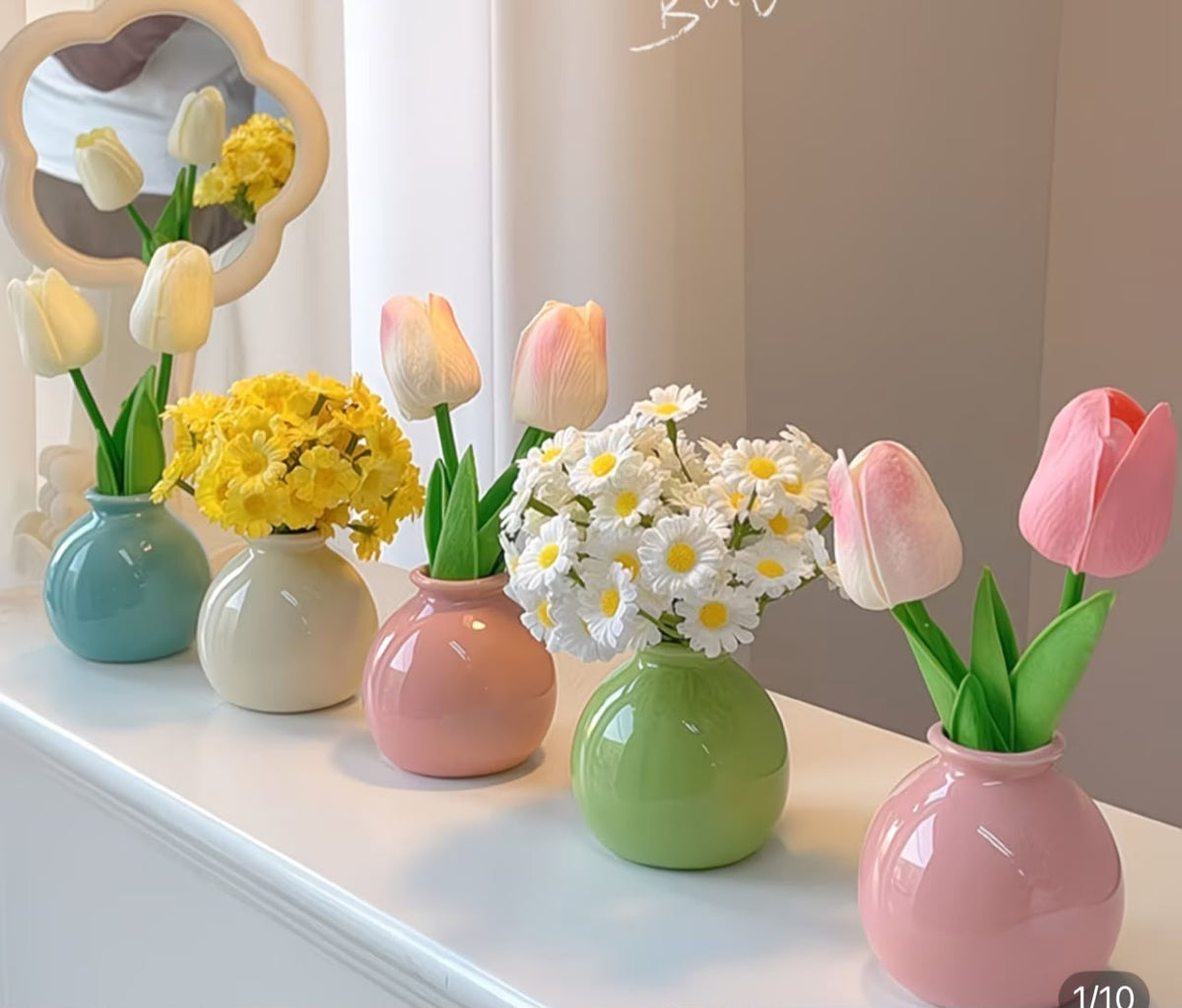 Pastel Mini Ceramic Vases with Faux Flowers – Set of 5