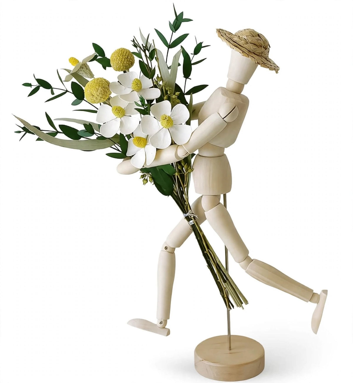Wooden Mannequin Figure with Dried Flower Bouquet