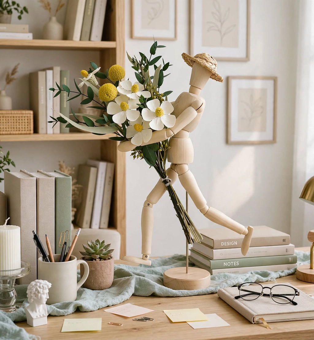 Wooden Mannequin Figure with Dried Flower Bouquet
