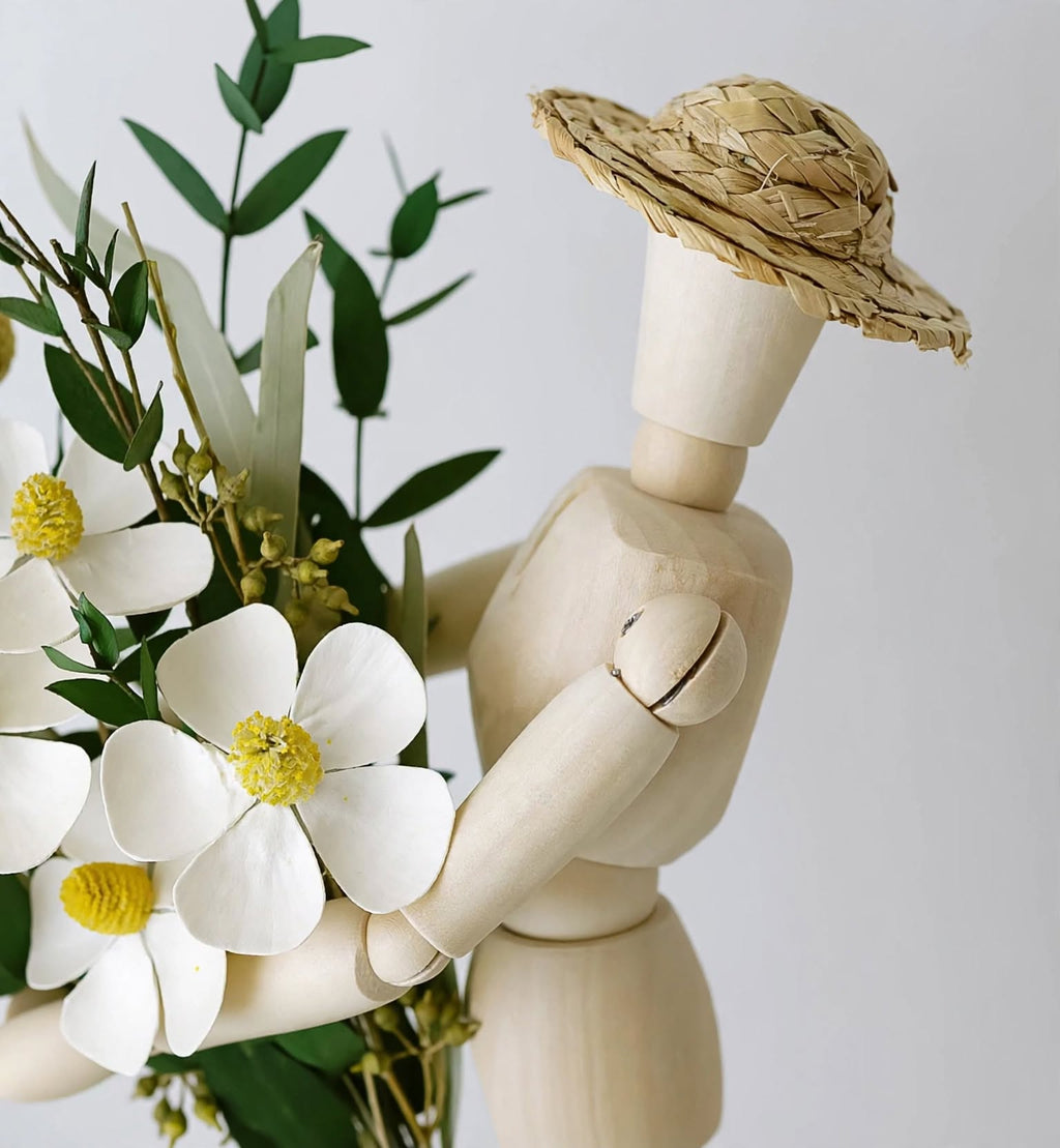 Wooden Mannequin Figure with Dried Flower Bouquet