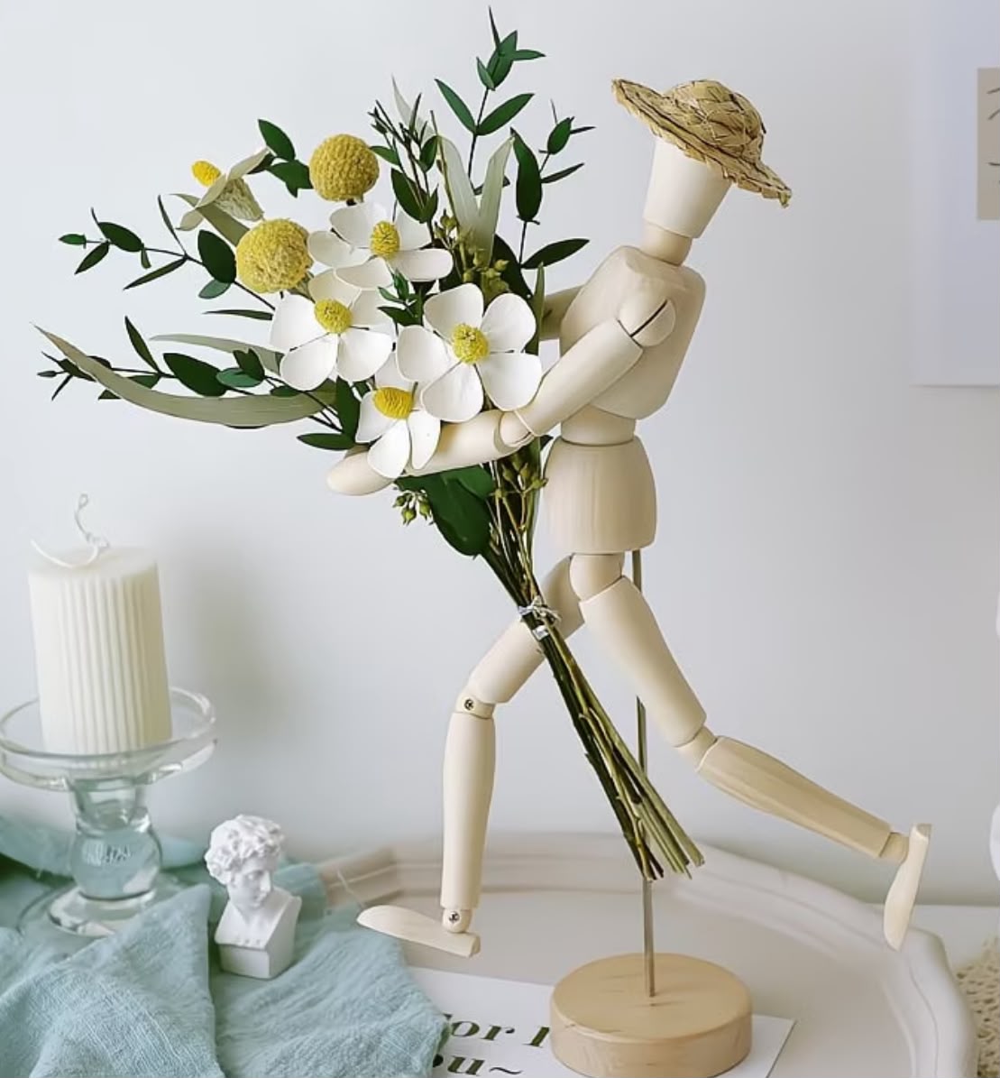 Wooden Mannequin Figure with Dried Flower Bouquet