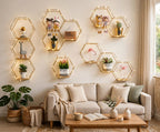 Gold Hexagon Wall Shelves with Fairy Lights