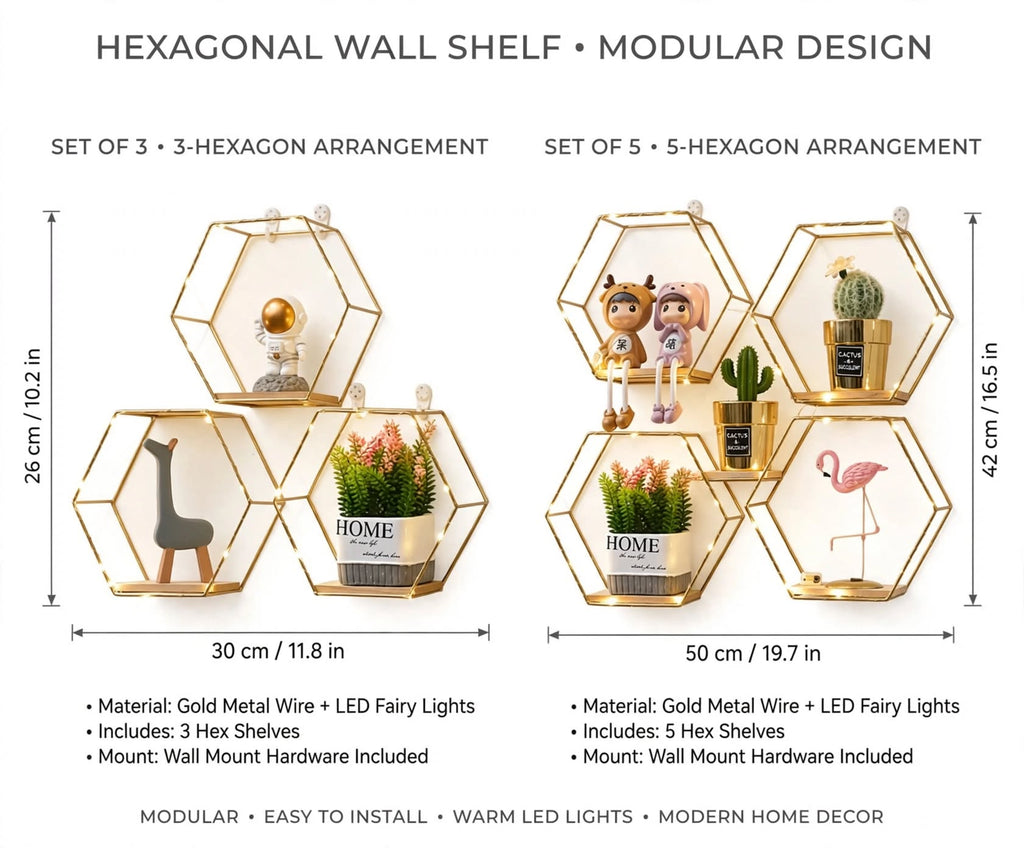 Gold Hexagon Wall Shelves with Fairy Lights