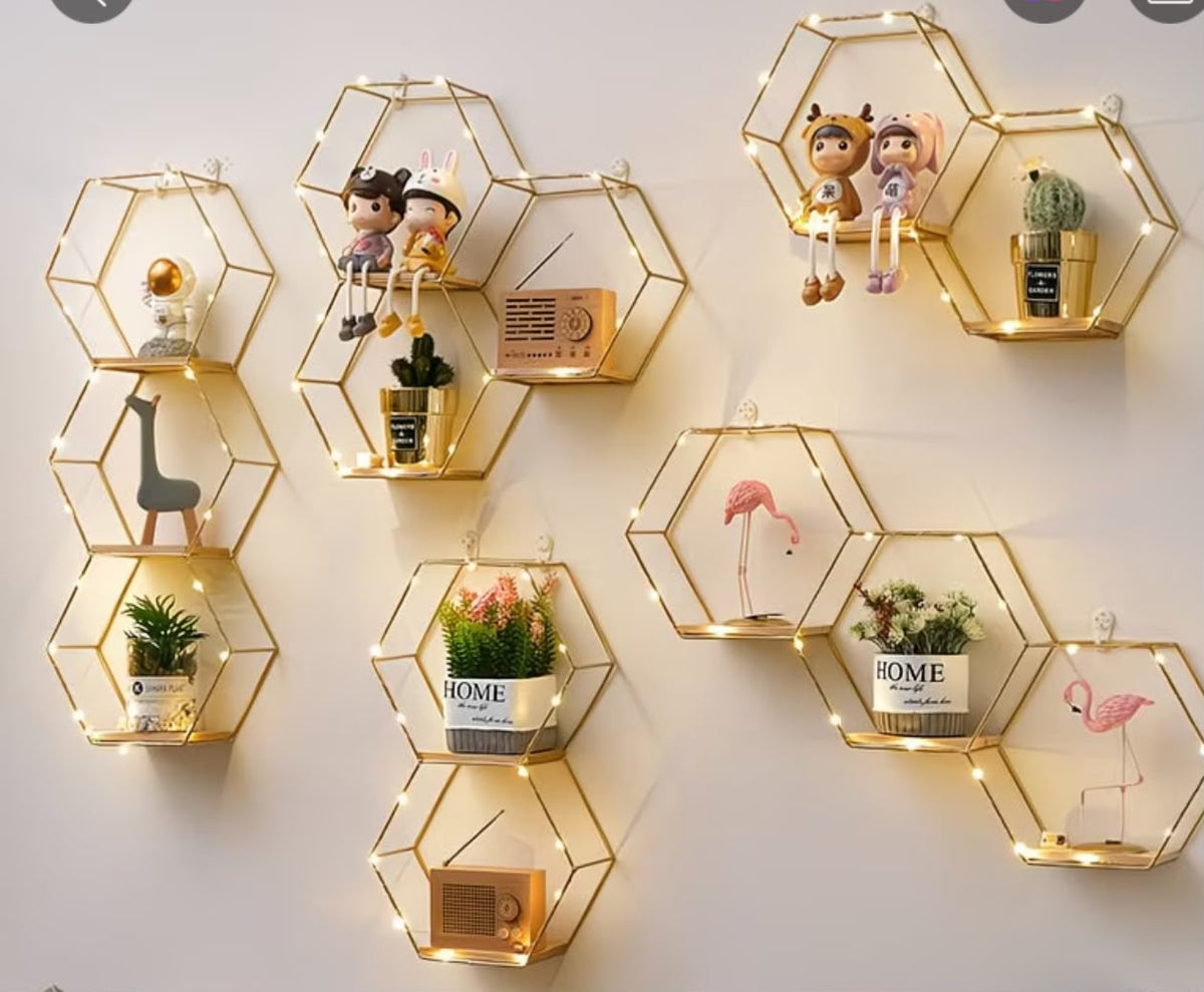 Gold Hexagon Wall Shelves with Fairy Lights