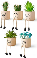 Smiley Face Shelf Sitter Planters with Faux Plants – Set of 5