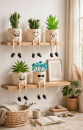Smiley Face Shelf Sitter Planters with Faux Plants – Set of 5