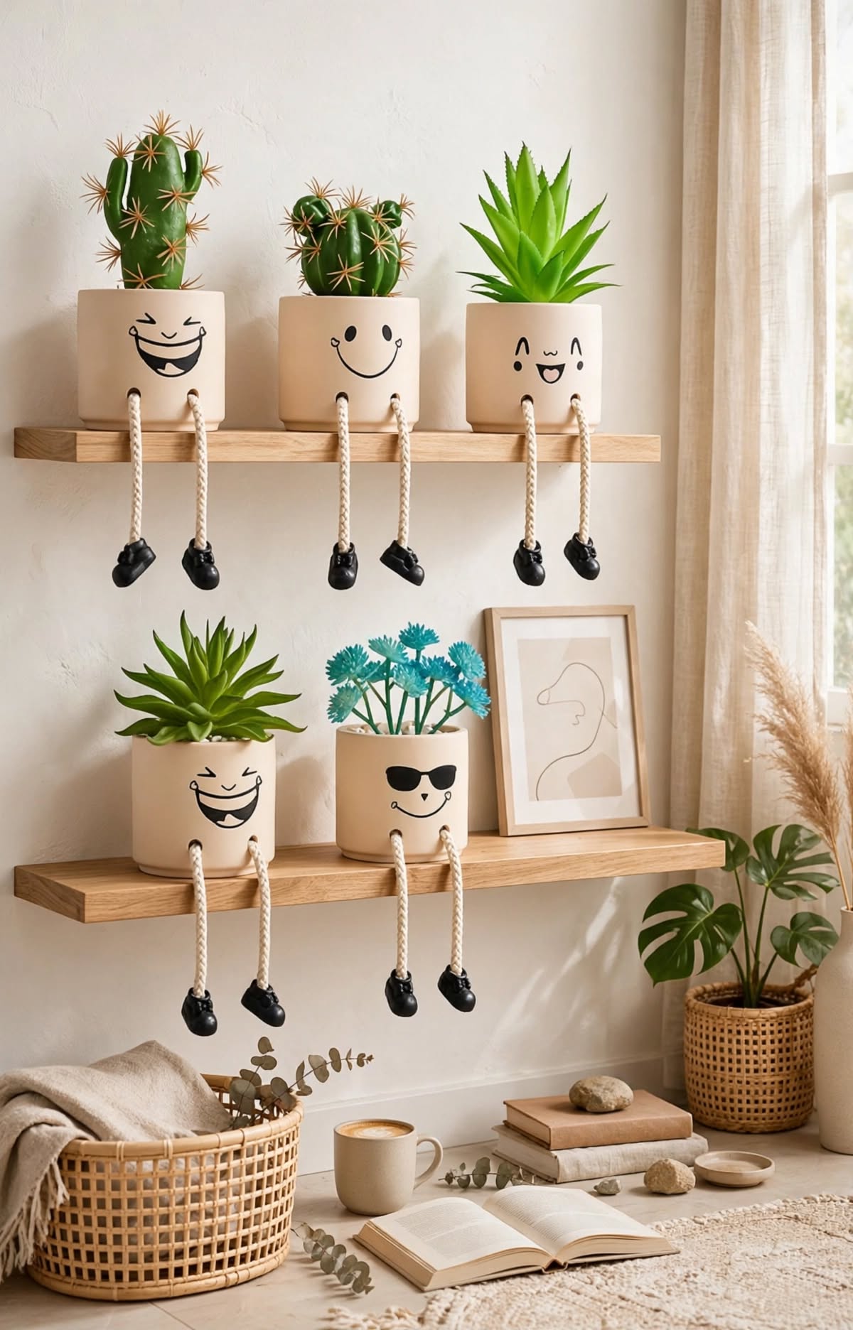 Smiley Face Shelf Sitter Planters with Faux Plants – Set of 5