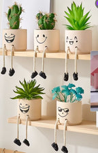 Smiley Face Shelf Sitter Planters with Faux Plants – Set of 5