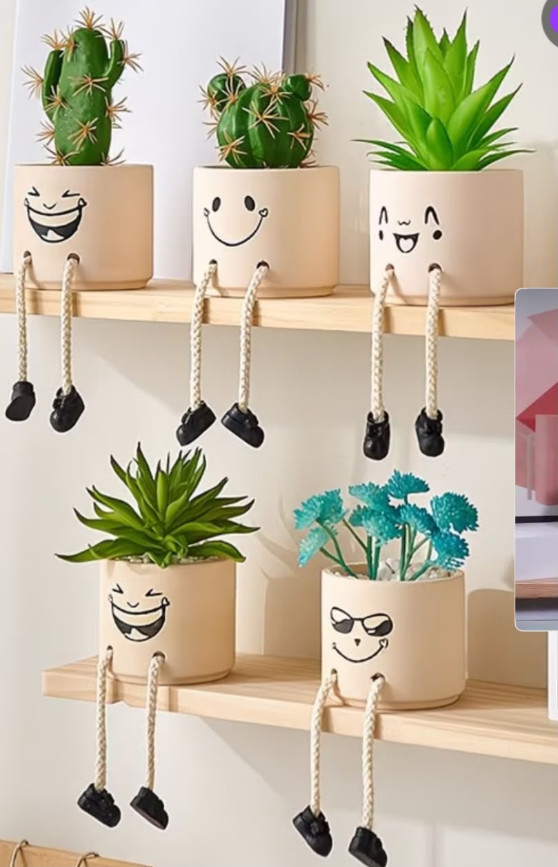 Smiley Face Shelf Sitter Planters with Faux Plants – Set of 5