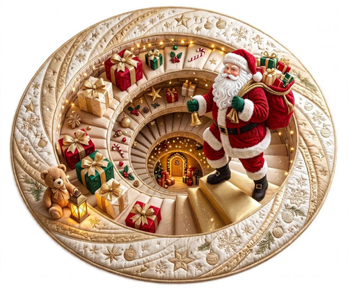 3D Santa Spiral Staircase Round Christmas Rug