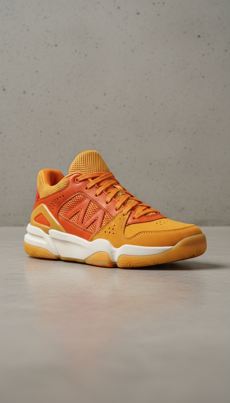 A limited edition basketball sneaker is displayed at a 3/4 angle, perfectly centered against a neutral, slightly textured...