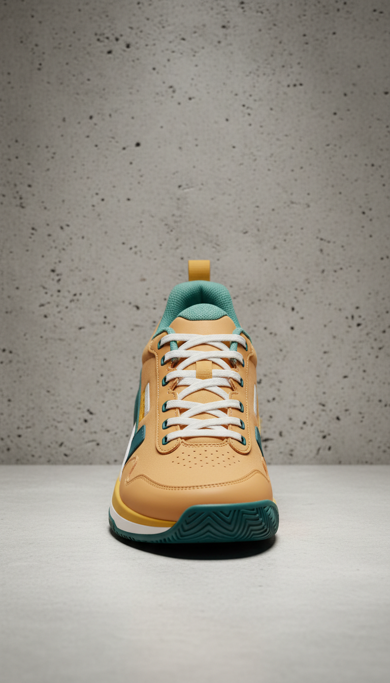 Golden Sand tennis shoe, Focus on a 3/4 angle that highlights the shoe's sleek design and unique features. Use a neutral,...