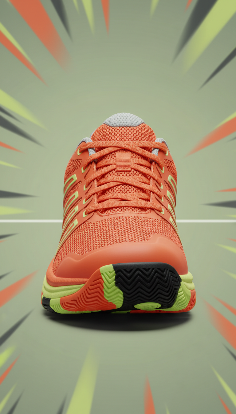 Fiery Orange pickleball shoe, Focus on a 3/4 angle shot of the footwear, highlighting the design details and technical...