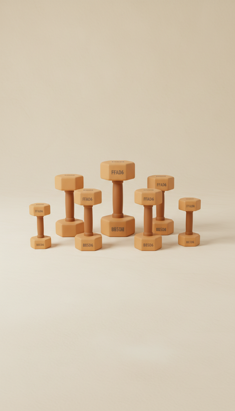 Dumbbell set, Use a 3/4 angle for product shots to show depth and detail. Products should be arranged thoughtfully, with...