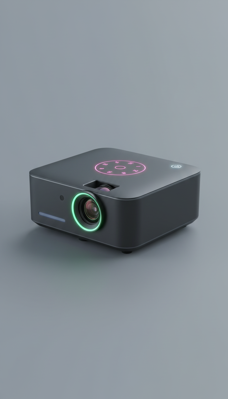Use a 3/4 angle to showcase the projector's design and features clearly. The background should be a soft, neutral slate...
