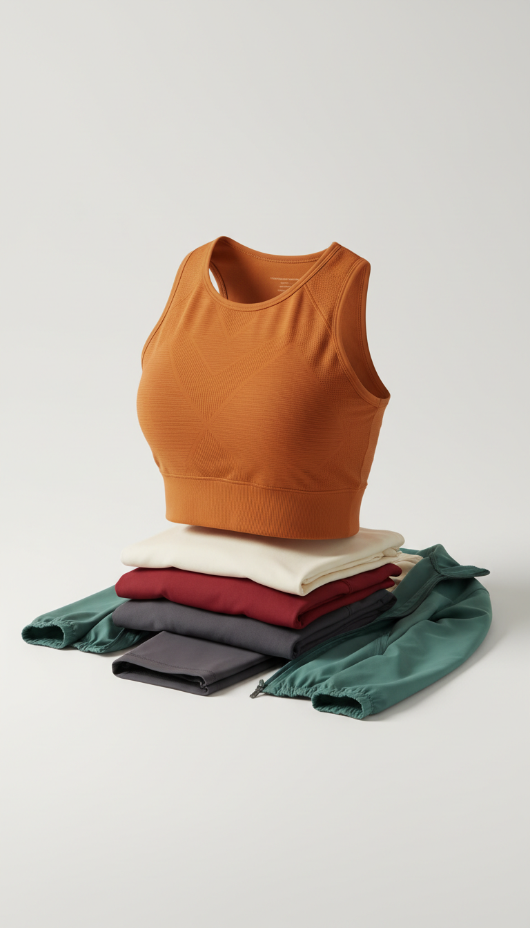 Amber Orange top, Choose a 3/4 angle for product shots, highlighting the texture and design details of the activewear....