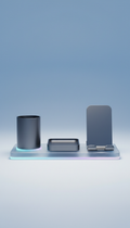 Anodized aluminum desk organizer set, Three-quarter angle hero shots with products staged on matte black or frosted glass...
