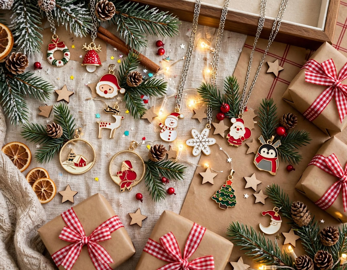 Christmas necklaces festive flat lay with pine cones and gifts