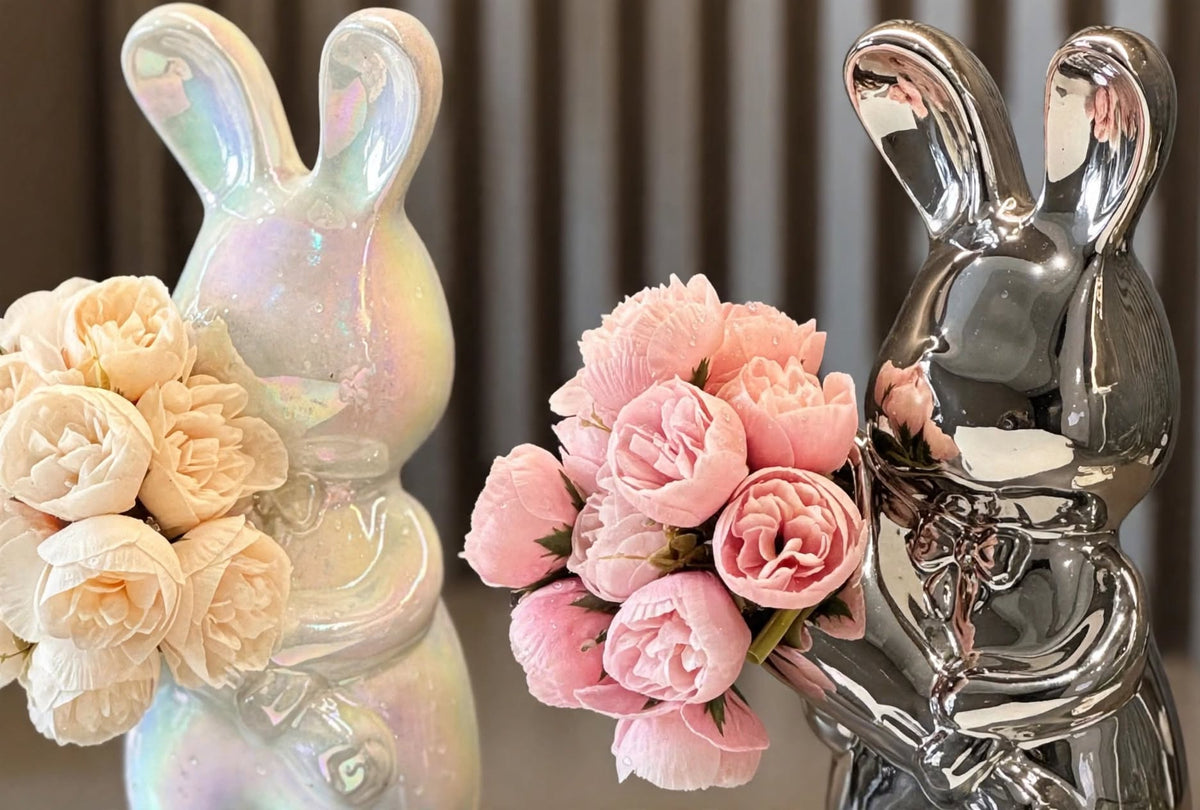 Bunny Flower Vase - iridescent white and chrome silver close-up with peonies