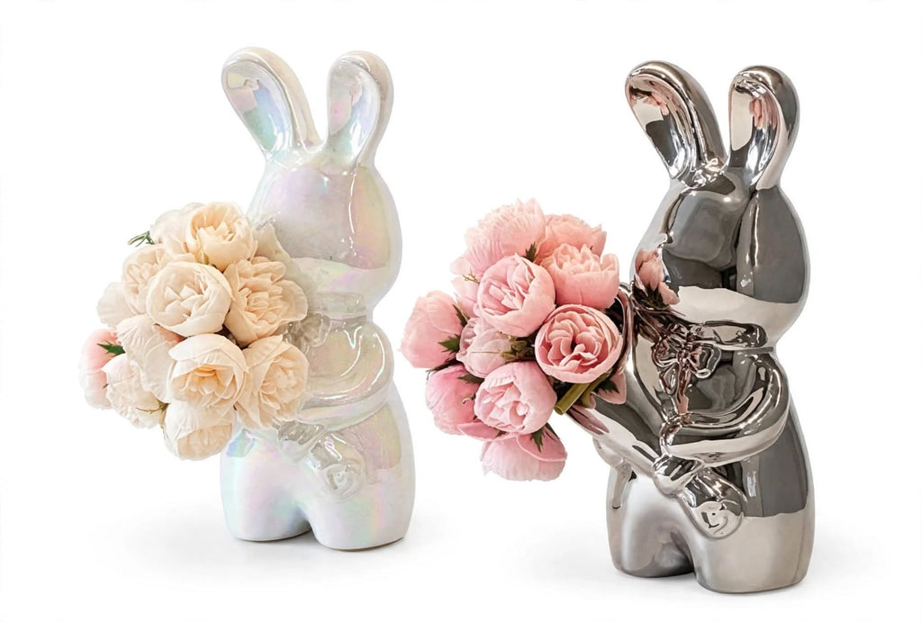 Bunny Flower Vase - iridescent white and chrome silver white background isolated