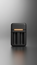 Capture a compact lithium battery charger at a straight-on front view, centered in the frame with a monochrome background...