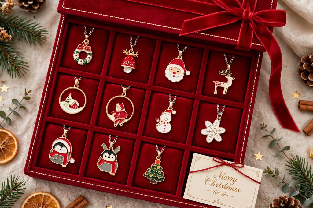 12Pcs Christmas Necklaces gift box packaging with Merry Christmas card