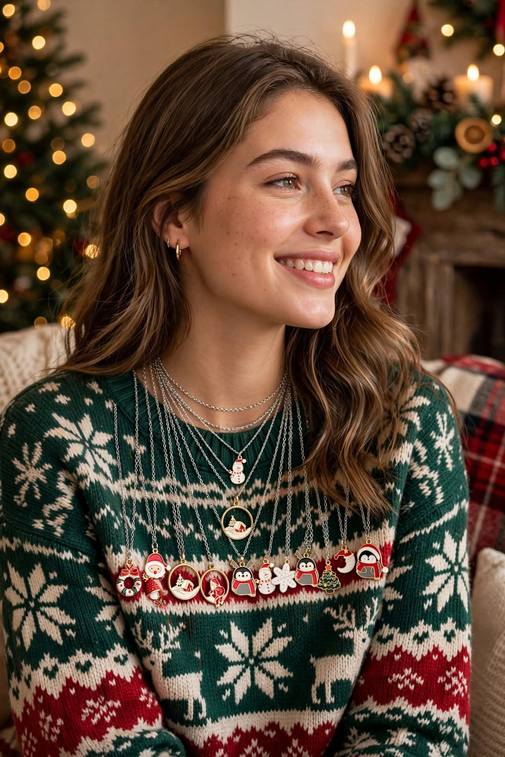 Model wearing multiple Christmas pendant necklaces