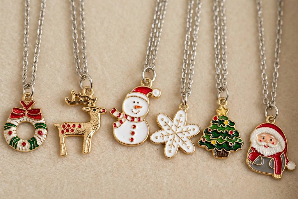 12Pcs Christmas Pendant Necklaces Set - all 6 designs flat lay