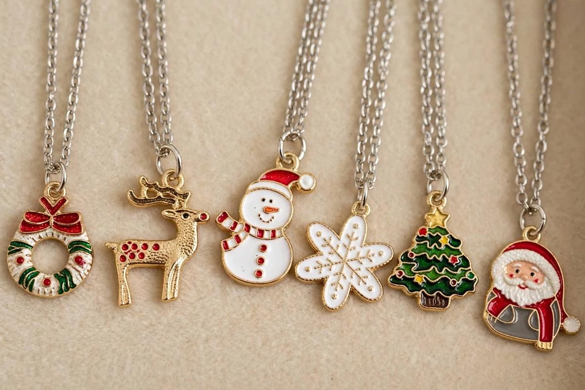 12Pcs Christmas Pendant Necklaces Set - all 6 designs flat lay