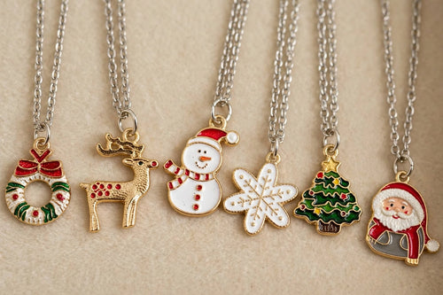 12Pcs Christmas Pendant Necklaces Set - all 6 designs flat lay