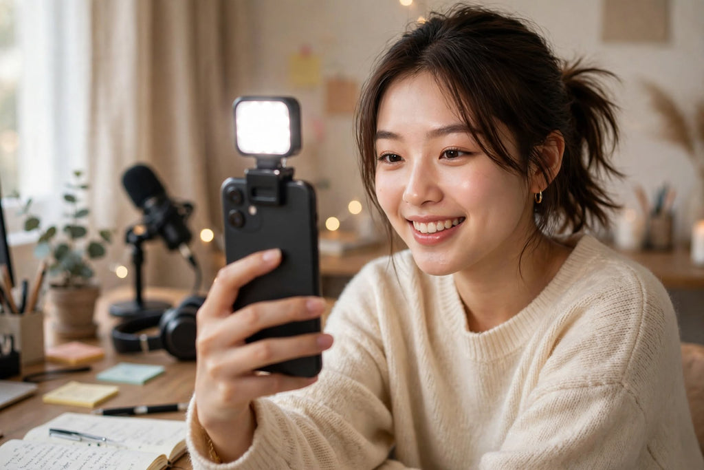 Mini LED Video Fill Light - girl selfie clip on phone lifestyle