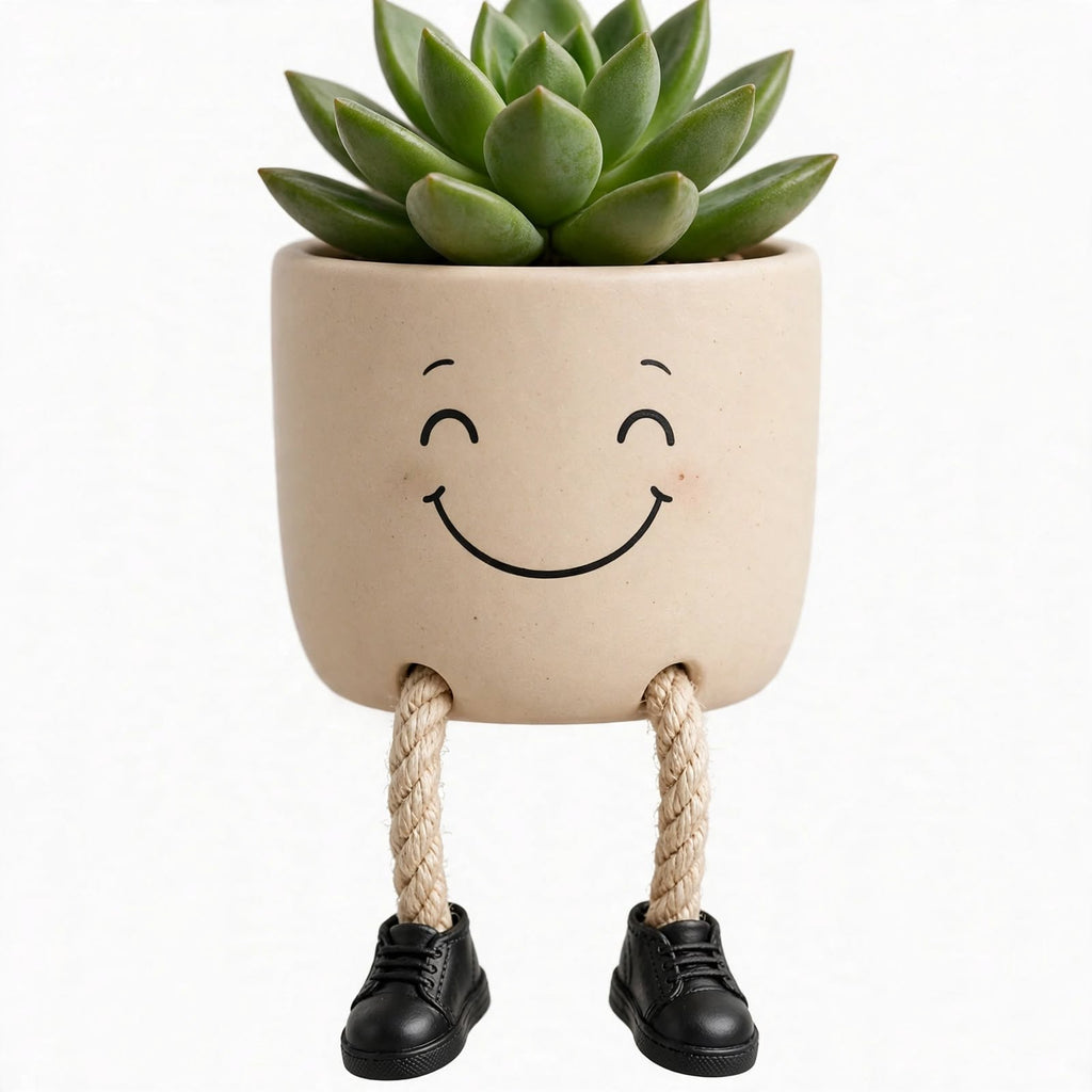 Smiley Face Shelf Sitter Planters with Faux Plants – Set of 5