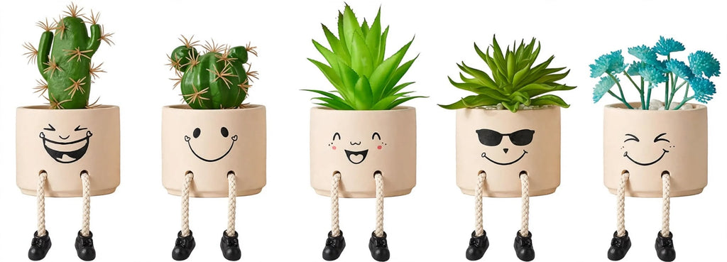 Smiley Face Shelf Sitter Planters with Faux Plants – Set of 5